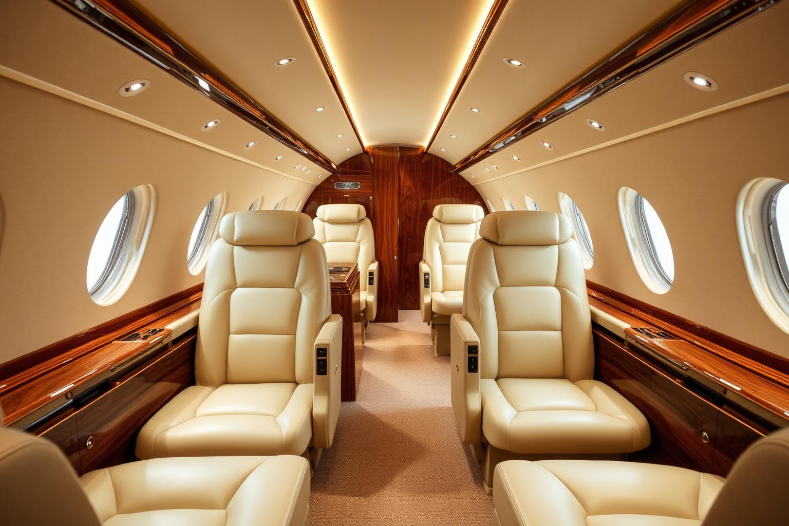 Opulent private jet cabin interior with cream leather and walnut trim